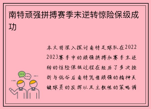 南特顽强拼搏赛季末逆转惊险保级成功 南特顽强拼搏赛季末逆转惊险保级成功