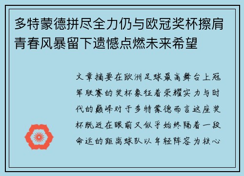 多特蒙德拼尽全力仍与欧冠奖杯擦肩青春风暴留下遗憾点燃未来希望